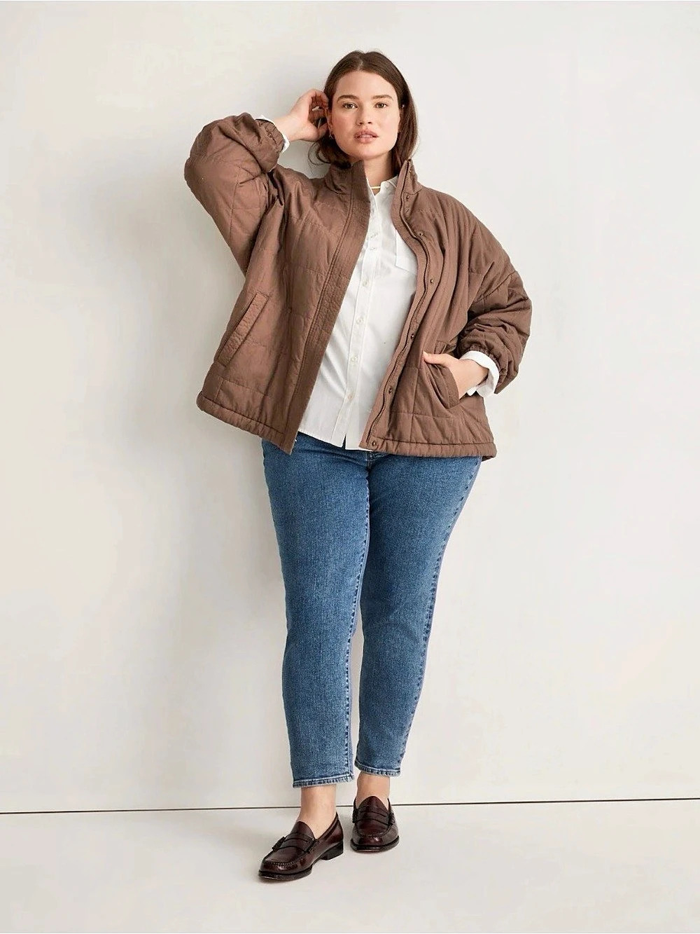 Weathered Drawstring Hem Quilted Crop
Bomber Jacket.